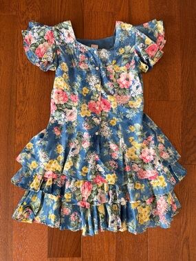 Vintage Floral Print Ruffle Hem Mini Dress XS